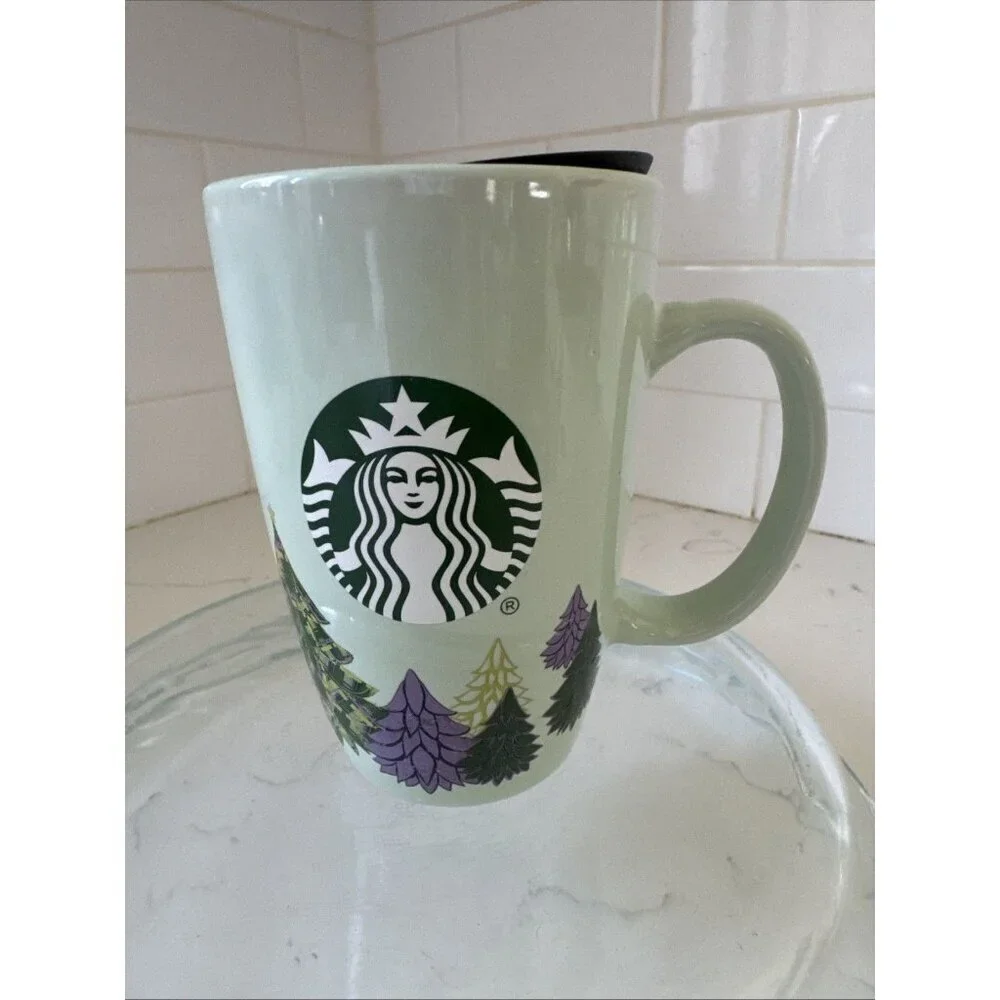 Starbucks Christmas Coffee Mug 2020 Light Mint Green w/ Trees 12oz. PreOwned
